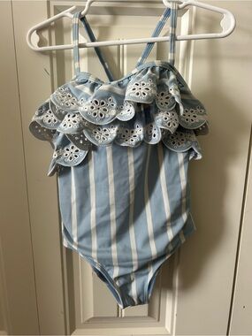 Janie and Jack Light Blue & White Striped Ruffle Swimsuit